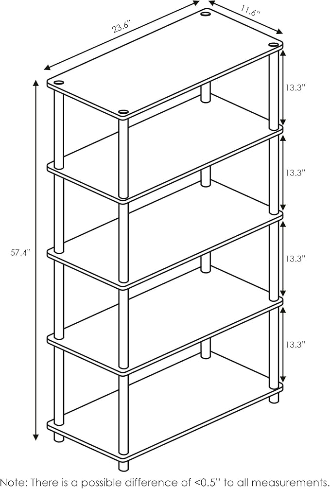 Furinno Turn-N-Tube 5-Tier Multipurpose Shelf / Display Rack / Storage Shelf / Bookshelf, Round Tubes, French Oak Grey/Black