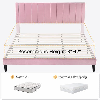 SHA CERLIN Full Bed Frame/Velvet Upholstered Platform Bed Frame with Headboard/Strong Wood Slats Support/Mattress Foundation/No Box Spring Needed - Pink