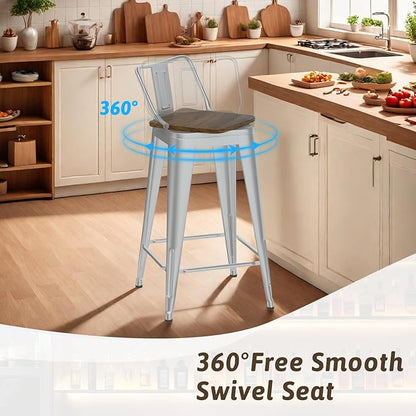 30 Inch Swivel Bar Stools Set of 4, Counter Height Bar Stools with Low Back, Metal Industrial Bar Chairs for Kitchen Island (Silver)
