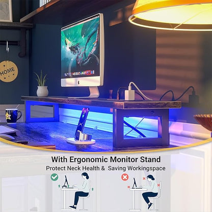 Computer Desk with USB Power Outlets and LED Lights, 47 inch Gaming Desk with Monitor Stand for Small Space Home Office, Modern Simple Study Writing Table PC Desks, Black Oak