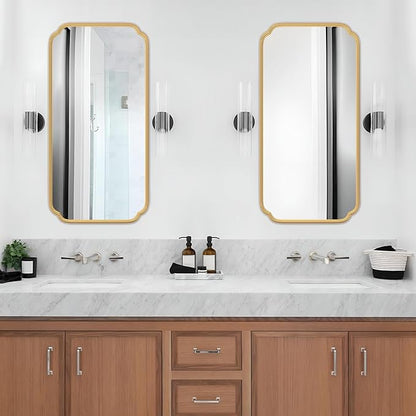 Gold Wall Mirror 48 x 24 Inch Bathroom Vanity Mirror for Over Sink Modern Rounded Corner Rectangle Wall Mirror Decorative with Non-Rusting Iron Metal Framed (Horizontal/Vertical)