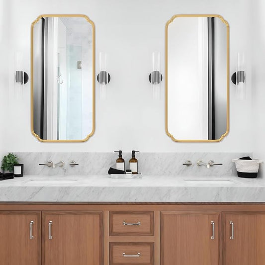 Gold Wall Mirror 48 x 24 Inch Bathroom Vanity Mirror for Over Sink Modern Rounded Corner Rectangle Wall Mirror Decorative with Non-Rusting Iron Metal Framed (Horizontal/Vertical)