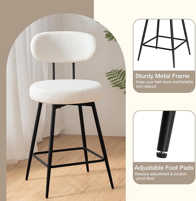 HOMMPA Counter Height Swivel Bar Stools Set of 4 Boucle Barstools 26'' Upholstered Modern Counter Barstools with Back Metal Legs Bar Stools Chairs for Kitchen Counter Island White