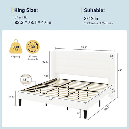 Allewie King Size Platform Bed Frame with Velvet Upholstered Wingback Headboard, No Box Spring Needed, Under Bed Storage Space, Strong Wooden Slats, Modern Mattress Foundation, Easy Assembly, White