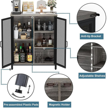 BON AUGURE Small Coffee Bar Cabinet for Liquor, Farmhouse Storage Cabinet with Doors, Wood Sideboard Buffet Cabinets for Home Kitchen, Dining Room, Living Room (Dark Grey Oak)