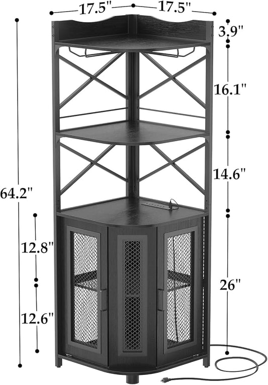 Aheaplus Corner Bar Cabinet with Power Outlet, Industrial Wine Cabinet with LED Strip and Glass Holder, 5-Tiers Liquor Cabinets Bar Unit for Home, Corner Display Cabinets for Small Space, Black