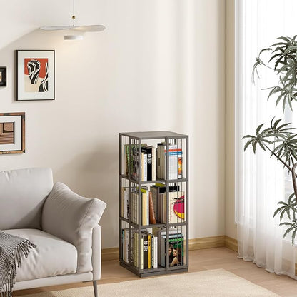 Square Rotating Bookshelf Tower - 360 Spinning Display Corner Bookcase for Narrow Space, Modern 3-Tier Revolving Storage Shelf, Black