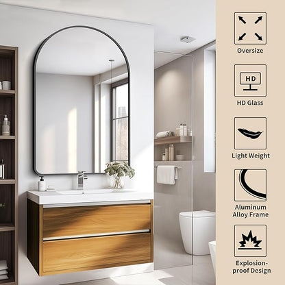 FORBATH Arched Mirror 32x48 Inch, Bathroom Mirror Wall Mounted Modern Black Aluminum Alloy Frame Decor Large Dresser Mirror for Bedroom Living Room Entryway, Hanging or Leaning Against Wall
