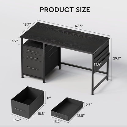 Ｍａｉｈａｉｌ Maihail Small Desk with Drawers, 47 inch Computer Desk with Shelves, Writing Desk with Storage, Small Office Desk with Metal Frame, Black