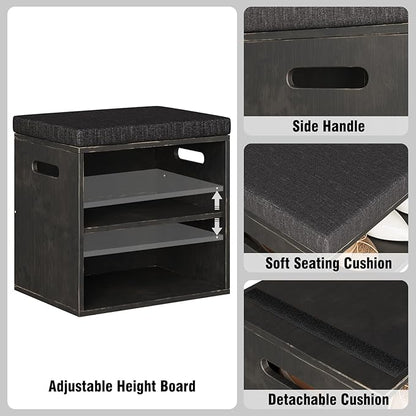 Bamboo Small Shoe Bench for Entryway 2 Tier Shoe Storage Bench with Cushion Adjustable Shoe Rack with Padded Seat for Living Room Hallway (Antique Black)