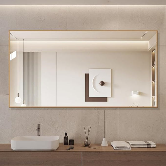 Golden Bathroom Mirror for Wall, Rectangle Mirrors with Metal Frame, Modern Vanity Wall Mirror Decor for Entryway Hangs, Bathroom Living Room Horizontal or Vertical(Golden, 36" L x 30" W)