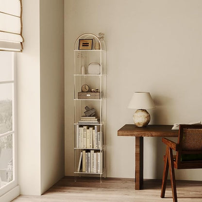 6-Tier Tall Acrylic Arched Bookcase, 13.8''W x 11.8''D x 68.4''H, Clear Narrow Bookshelf for Small Space, Open Book Shelves for Home Office, Living Room, Bedroom, Modern