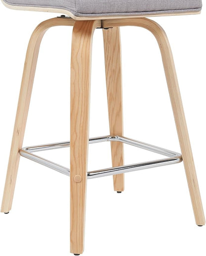 Armen Living Vienna Modern Swivel 26" Counter Height Barstool with Gray Fabric Upholstered Seat and Patterned Oak Wood Finish