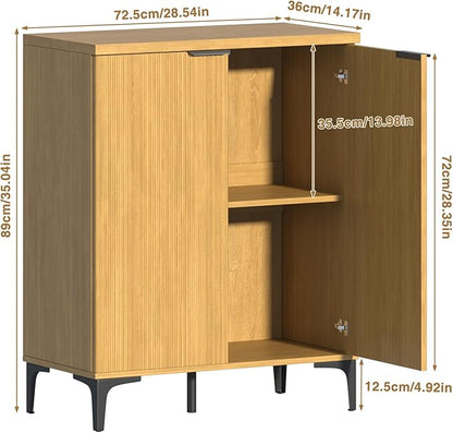 Fluted Sideboard Buffet Cabinet, 2 Doors Side Board Storage Cabinet, Buffet Cabinet with Line Groove Design,Side Board with Metal Legs and Handle, Buffet for Entryway, Natural Wood