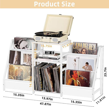 LELELINKY Record Player Table,Turntable Shelf with Vinyl Storage Up to 180 Albums,White Side Table with 3 Tier Magazine Periodical Book Rack,Wide Metal Record Holder Cabinet for Office, Music Room