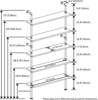5 Tier Industrial Ladder Bookshelf, Wall Mounted Wood Metal Rustic Pipe Shelves (Weathered Brown, 5 Tier - 10" D x 24" W x 70" H)