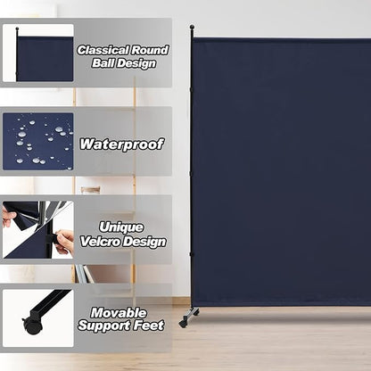 6FT Single Panel Room Divider with Wheels,Rolling Fabric Room Dividers for Partition Privacy Screens,Freestanding Wall Divider for Home Office,Restaurant,Hospital(Blue)
