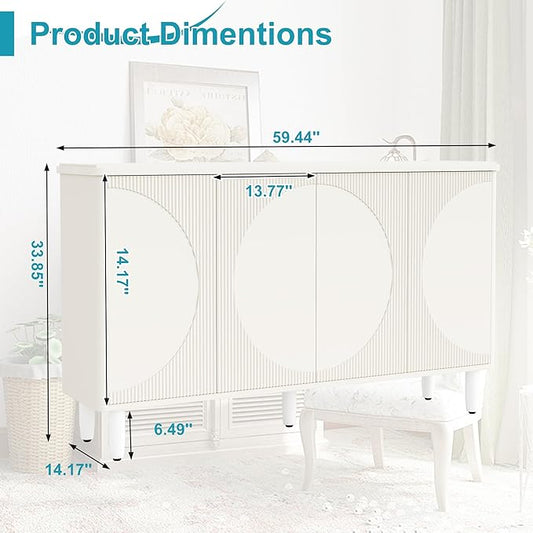 59.4" Sideboard Buffet Cabinet with Storage, Kitchen Buffet Storage Cabinet with Doors & Shelves, Modern Sideboard for Living Room, Kitchen, Hallway, White