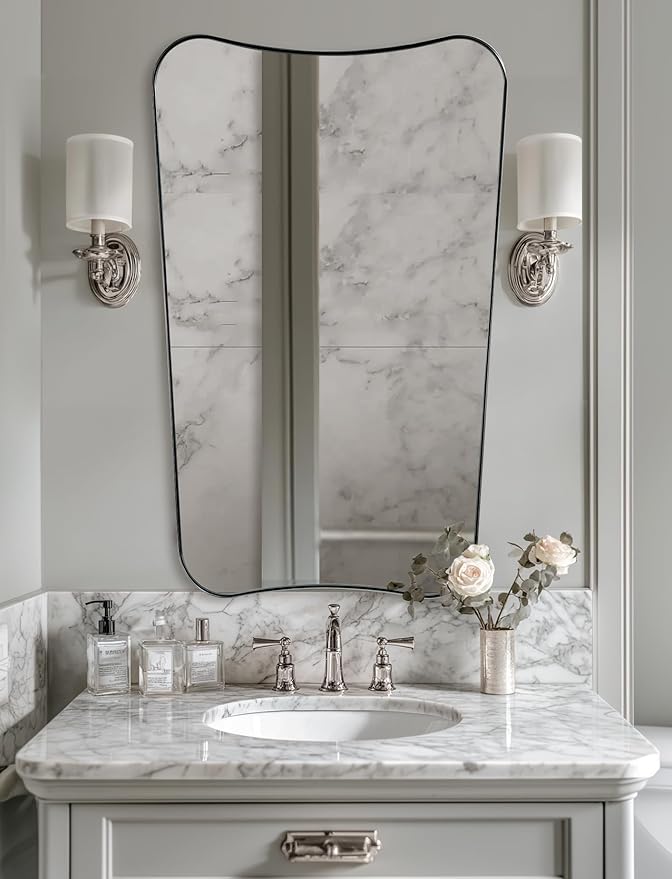 ANDY STAR Brushed Nickel Mirror 24x40 Inch, Silver Irregular Bathroom Mirror, Large Decorative Mirror in Anti-Rust Stainless Steel Metal Frame Deep 1’’, Ideal for Home Decor
