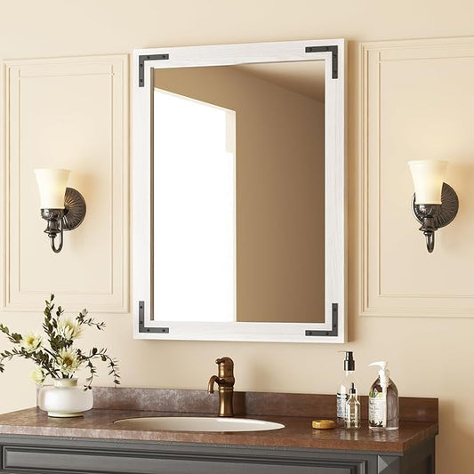 VocalStar White Wood Framed Mirror 24 x 32 Inch, Rustic Natural White Wooden Rectangle Bathroom Vanity Wall Mirror for Farmhouse Boho Decor, 1/4-inch Shatterproof Glass | Waterproof