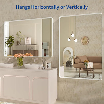 WEER White Bathroom Mirror 48X30 Inch, Rounded Rectangle White Metal Frame Mirror, Matte White Bathroom Vanity Mirror with Tempered Glass, Anti-Rust, Hangs Horizontally or Vertically