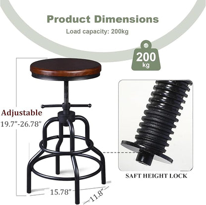 LOKKHAN Vintage Industrial Bar Stool - Rustic Swivel - Round Wood Metal - Kitchen Counter Height Adjustable - Pipe Stool - Cast Steel - 20-27 Inch (Set of 2)