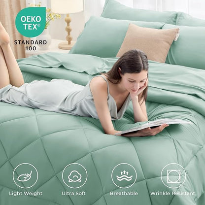 HEVUMYI Sage Green Twin Comforter Set - 5-Piece All Season Bed in a Bag Twin, Ultra Soft Bedding Set with Comforter, Flat Sheet, Fitted Sheet, Pillowcases, Pillow Shams, Sage Green