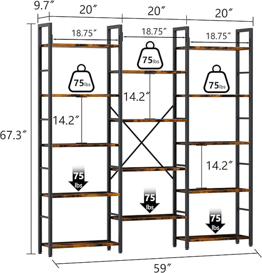 Shintenchi Triple 5 Tier Bookshelf, Industrial Large Bookcase with 14 Open Display Shelves, Large Etagere Bookshelf,Wide Book Shelf Book Case for Home & Office, Rustic Brown