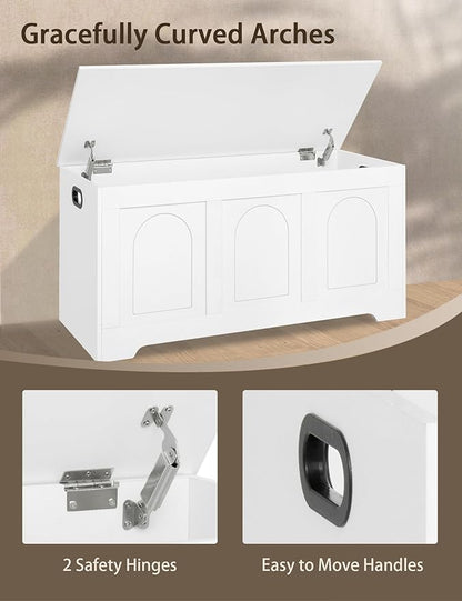 DINZI LVJ Storage Chest, 39.4”Wooden Storage Box with 2 Safety Hinges, Entryway Shoe Bench with Flip-Top, Trunk for Living Room, Bedroom, Easy Assembly, White