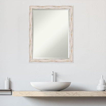 Amanti Art White Bathroom Mirror for Over Sink, 27x21 Alexandria White Wash Narrow Rectangle Vanity Mirror, Medium Cottage Wood Frame, Hangs Horizonally and Vertically, Bathroom Wall Decor, Beveled
