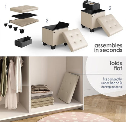 STORAGEBUD Storage Ottoman Cube with Small Bin, 16-in Square Ottoman with Storage for Living Room and Bedroom, Small Ottomans Foot Rest, Faux Leather Foot Stools Ottomans Max 330lbs, Beige