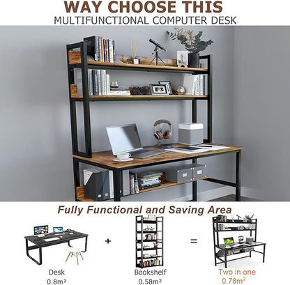 Aquzee Computer Desk with Hutch, 47“W x 23.6" D Desk with Shelves, Tall Home Office Desk with Bookshelf, Metal Legs Study Table with Upper Storage Shelf for Study Writing/Workstation