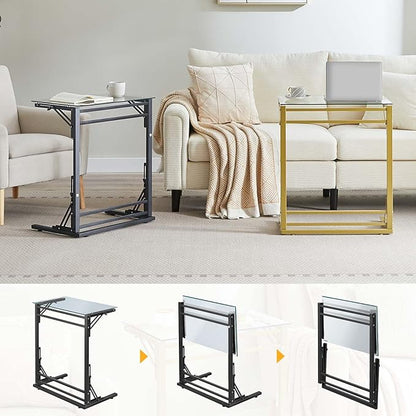 Tatub 24" Folding C Shaped End Table, Small Tempered Glass Side Table for Couch or Bed, Foldable TV Tray Laptop Desk with Black Metal Frame