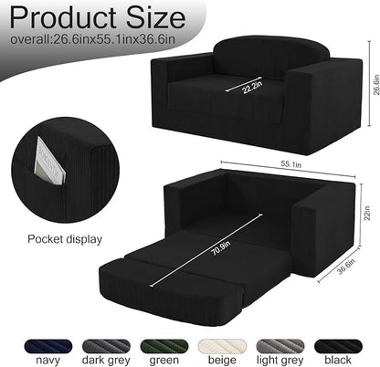MeMoreCool Convertible Sofa Bed, Pull Out Loveseat Sleeper Sofa, Small Boneless Cloud Couch Bed for Adults, Fold Out Foam Love Seat Black, Corduroy Folding Floor Couch for Bedroom