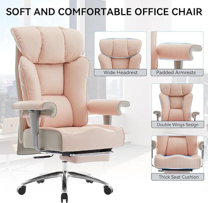 Efomao Big and Tall Ergonomic Office Chair 450LBS with Foot Rest, High Back PU Leather Executive Chair with Adjustable Padded Armrests, Lumbar Support for Home or Work, Heavy Duty Computer Chair, Pink
