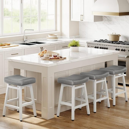 Counter Height Bar Stools Set of 3, 24 Inch Barstools for Kitchen Counter, Kitchen Stools with Bonded Leather Saddle Seats & Heavy Duty Metal Legs, Easy Assembly, Gray/Black