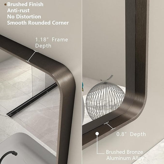 55x40 Inch Bronze Bathroom Mirror, Brushed Bronze Metal Frame Mirrors for Wall, Rounded Rectangle Bronze Mirror for Vanity,Farmhouse, Bedroom, Anti-Rust (Horizontal/Vertical)