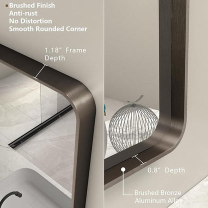 55x36 Bronze Bathroom Vanity Mirror for Wall, Large Bronze Frame Mirror with Brushed Metal Frame, Rounded Rectangle Mirror, Shatterproof, Anti-Rust (Horizontal/Vertical)