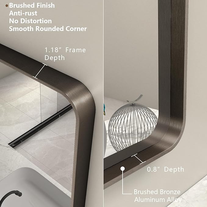 48x30 Bronze Bathroom Mirror for Wall, Brushed Bronze Metal Framed Bathroom Vanity Mirror, Rounded Rectangle Mirror, Anti-Rust, Shatterproof (Horizontal/Vertical)