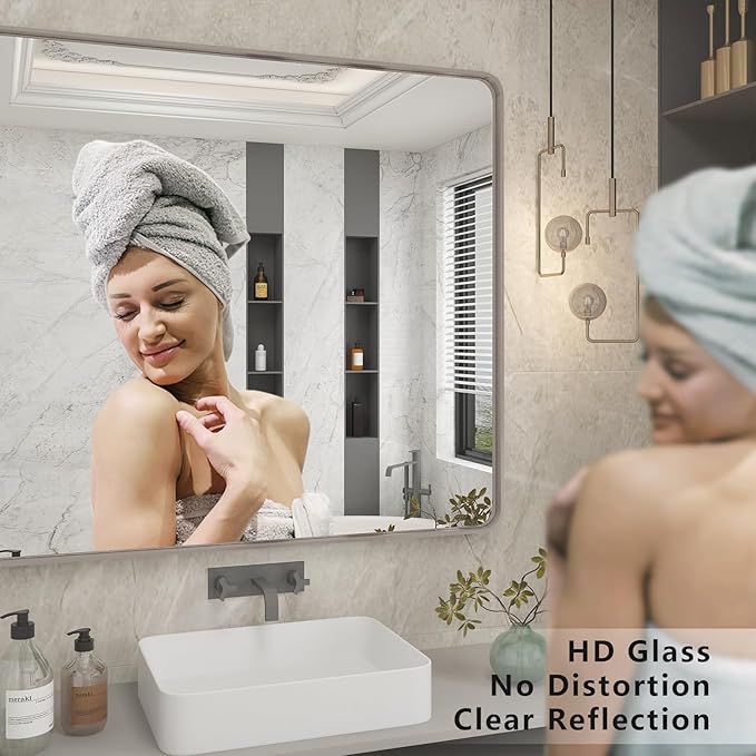24x32 Inch Brushed Nickel Bathroom Mirror, Rounded Rectangle Silver Metal Frame Mirror, Silver Bathroom Vanity Mirror, Anti-Rust, Hangs Horizontally or Vertically