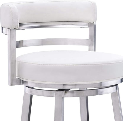 Armen Living Madrid 30" Seat Height Swivel White Faux Leather and Brushed Stainless Steel Bar Stool for Kitchen Island Counter