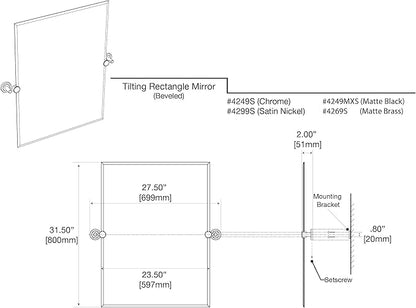 Gatco 4249MXS Latitude II, Frameless Rectangle Pivot Mirror, 31.5" H, Matte Black/Wall Mounted 31.5" H x 27.50" W Frameless Tilting Beveled Bathroom Vanity Mirror Wth Matte Black Brackets