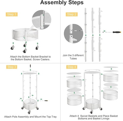 SNTD Fruit and Vegetable Basket Bowls for Kitchen with Metal Top Lid, 5 Tier Rotating Storage Rack Cart for Potato Onion Banana, Wire Basket Organizer on Wheels, Large (White)