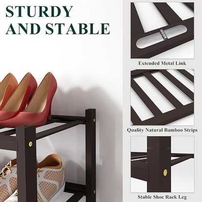 Smiry Shoe Rack, 2 Tier Bamboo Shoe Organizer, Stackable Free Standing Wooden Shoe Storage Shelf for Closet, Entryway, Front Door Entrance, Brown
