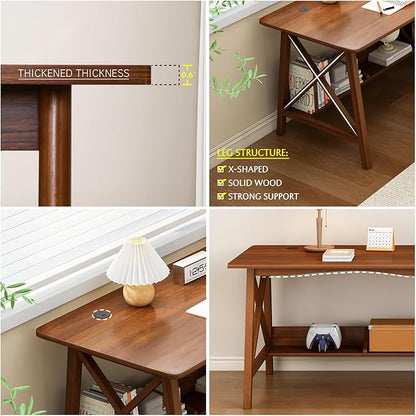 Extra Long Desk with Bookshelf - Wooden Home Office Work Study Table, 2-Person Writing Computer Workstation with Storage Shelf in Oak, 71" Wx24 Dx30 H