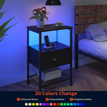 Sthmec Nightstands with Charging Station, LED Bedside Tables with Charging Station and Fabric Drawer, Night Stand with Storage, 3 Tier Side Table with Open Shelf, LED Nightstand Bedside Table,Black