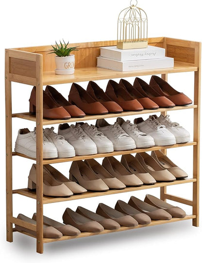 Bamboo Shoe Rack Organizer, 5 Tier Shoe Shelf Storage Organizer, for Entryway, Hallway, and Closet (Nature-31.5)