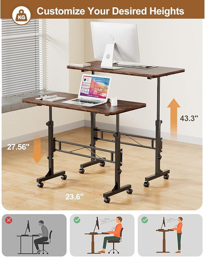 Small Standing Desk Adjustable Height, Mobile Stand Up Desk with Wheels, 32 Inch Portable Rolling Desks for Walking Pad Treadmill Wood Rustic