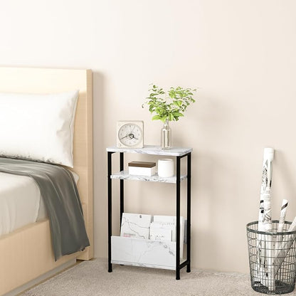 7.1" Narrow Side Table for Small Spaces, 3 Tier Small End Table with Magazine Holder, Slim/Skinny Nightstand/Bedside Table for Living Room, Bedroom, 15.4" L x 24.2" H, Faux White Marble