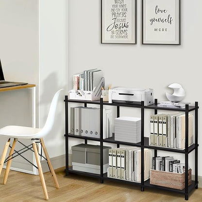 YGYQZ Short Book Shelf - 3 Tier Open Back Long Horizontal Wood Bookcase, 6 Cube Storage Shelf for Office Living Room Bedroom, Modern Black